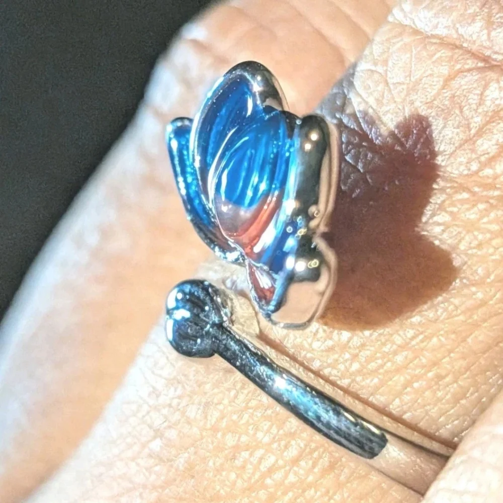 Women's Sterling Silver 925 Blue-Purple Lotus Flower Cloisonne Adjustable Size